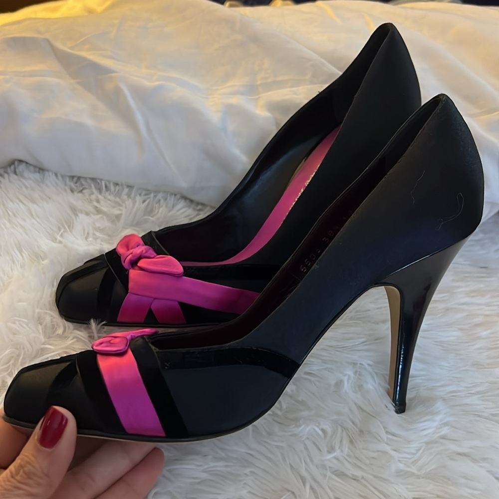 Giuseppe Zanotti Design VICINI Black Velvet /Hot Pink Detail Bow Luxury Heels - Picture 10 of 11